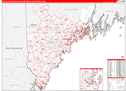 Portland-South Portland Metro Area Wall Map Red Line Style 2026